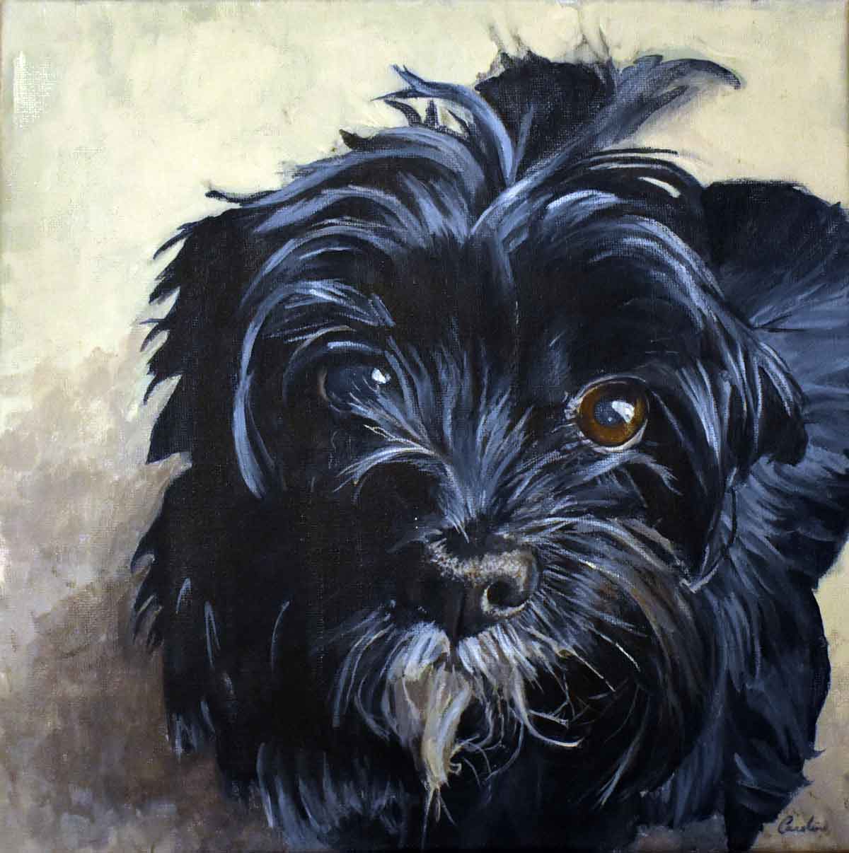 A painting of a small, black, furry dog with brown eyes, sitting on the floor and looking up at the viewer.